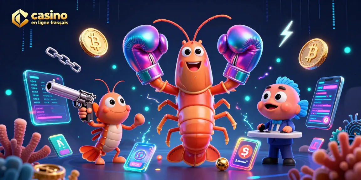Une scène dynamique représentant le casino en ligne français avec des personnages colorés autour de pièces de crypto-monnaie.