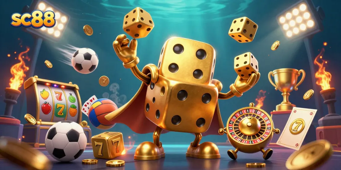 Engage with sc88's thrilling casino scene featuring a golden dice golem and slot symbols.