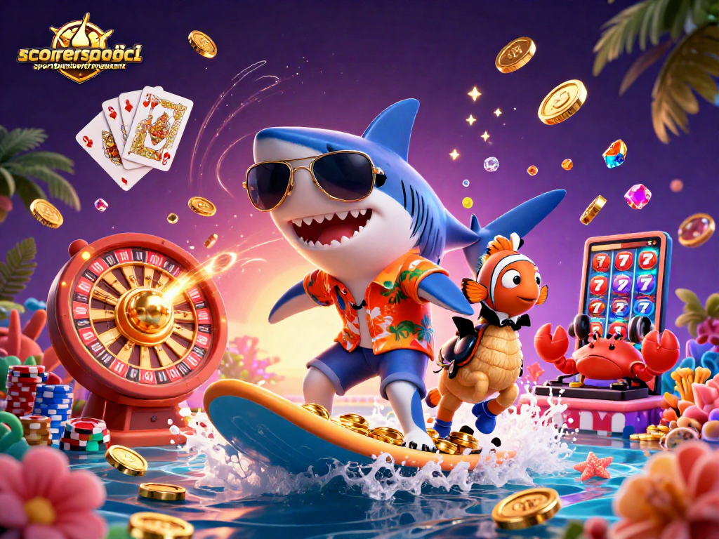 Surf thrilling action at scorerssportsbarandrestaurant with a hammer-head shark and dynamic casino elements.