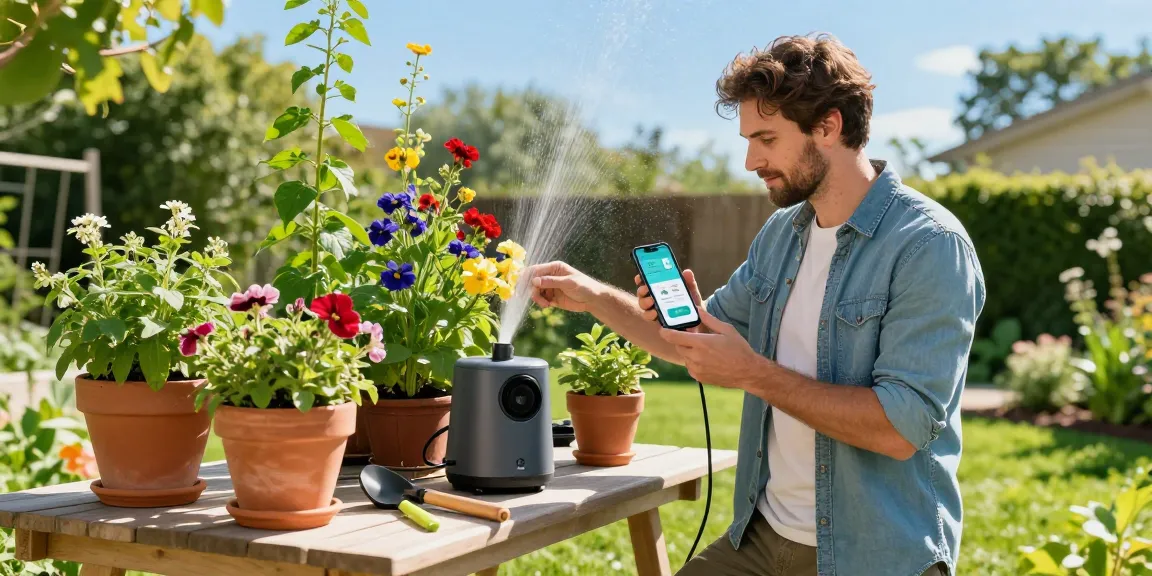 Smart sprinkler system in action, enhancing vibrant growth in a flourishing home garden.