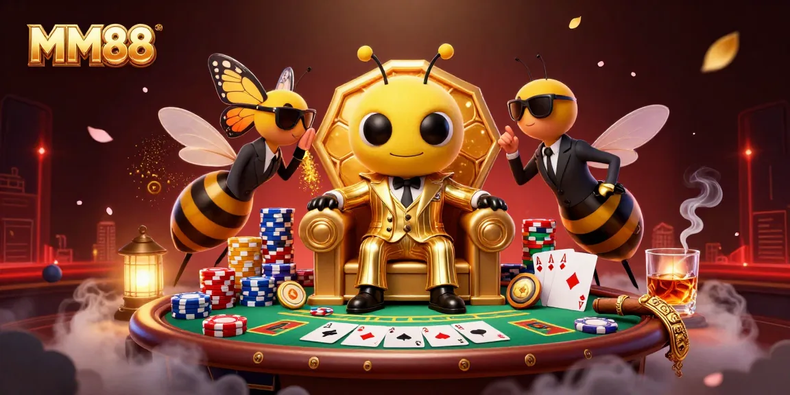 Engage with thrilling poker action at MM88 with a lively casino illustration featuring vibrant characters and game elements.