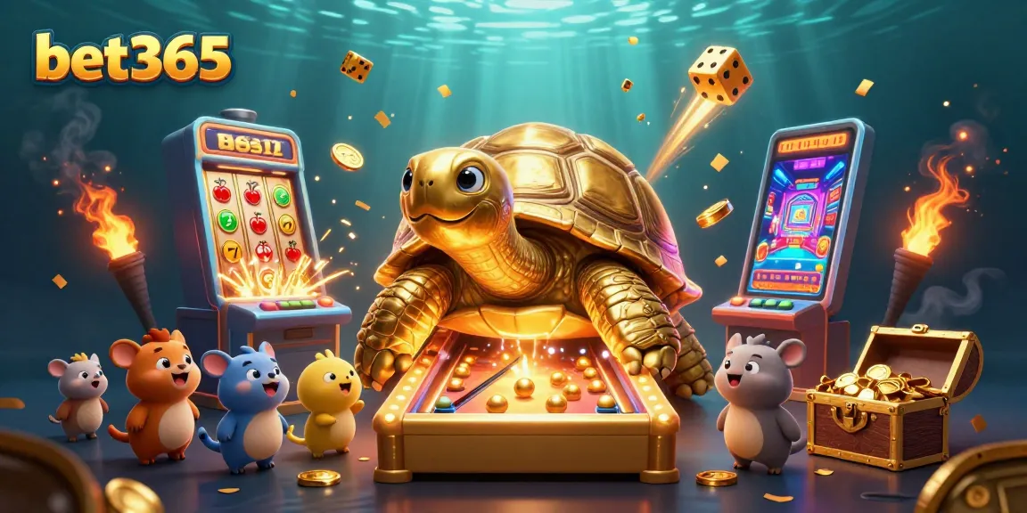 Experience excitement with bet365 in a vibrant casino scene featuring a golden tortoise pinball machine.