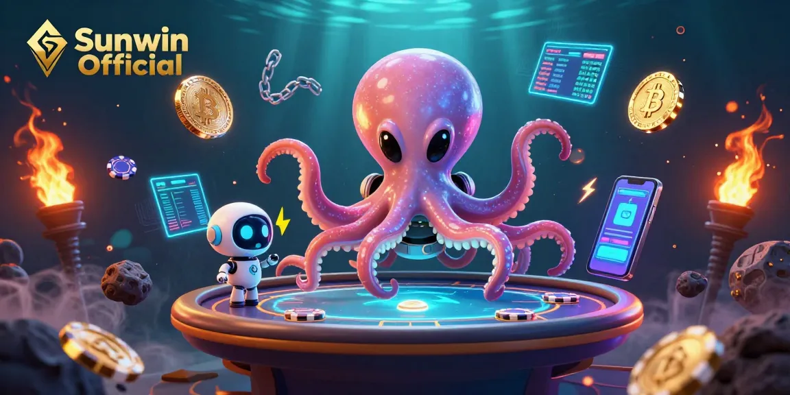Experience the excitement of poker with Sunwin Official as an alien octopus and robot spin a holographic game.