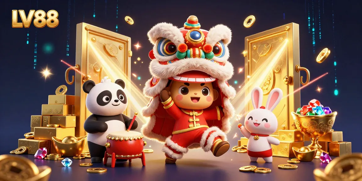 Experience winning at LV88 with a vibrant lion dance scene amidst golden treasures and festive elements.