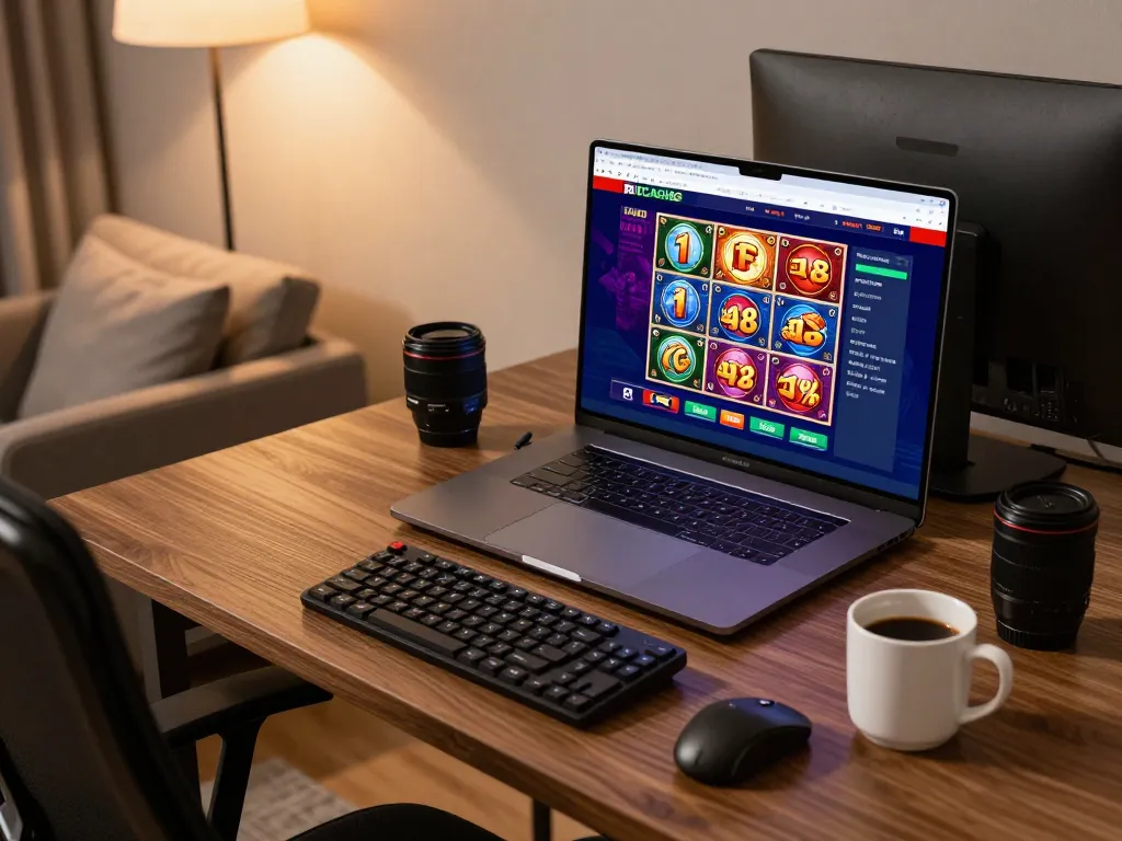 Player engaging in online slots at IDCASH88 from home using a laptop setup with warm lighting