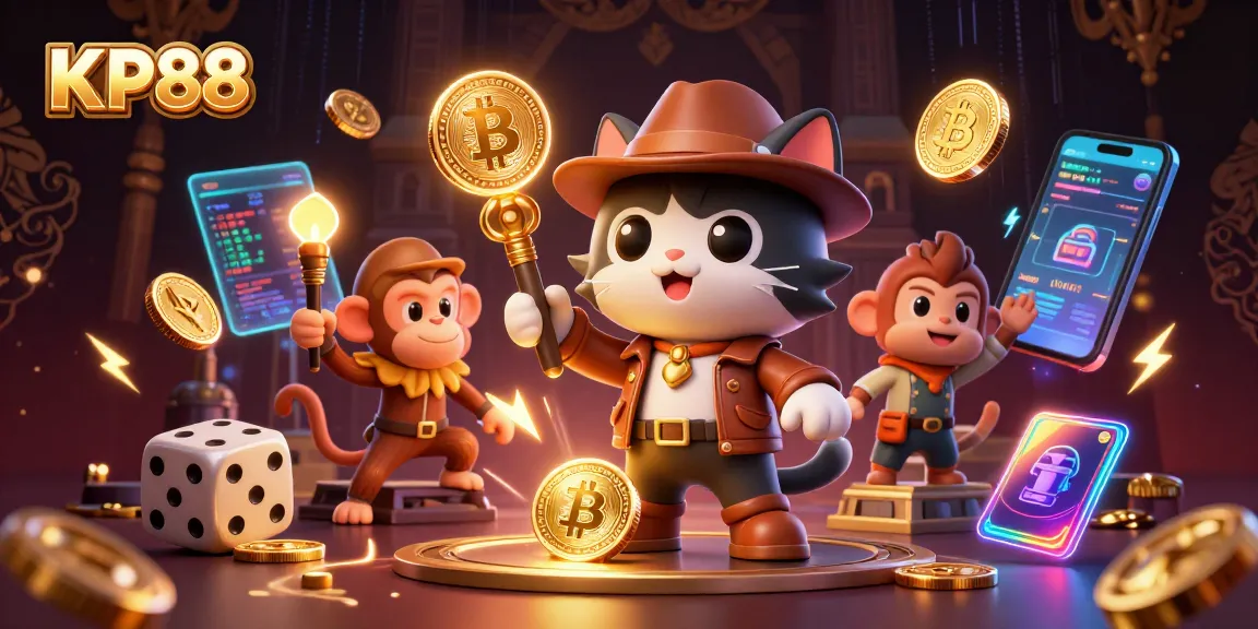 KP88 offers an engaging gambling experience with a 3D cartoon cat uncovering treasures in a casino-themed temple.