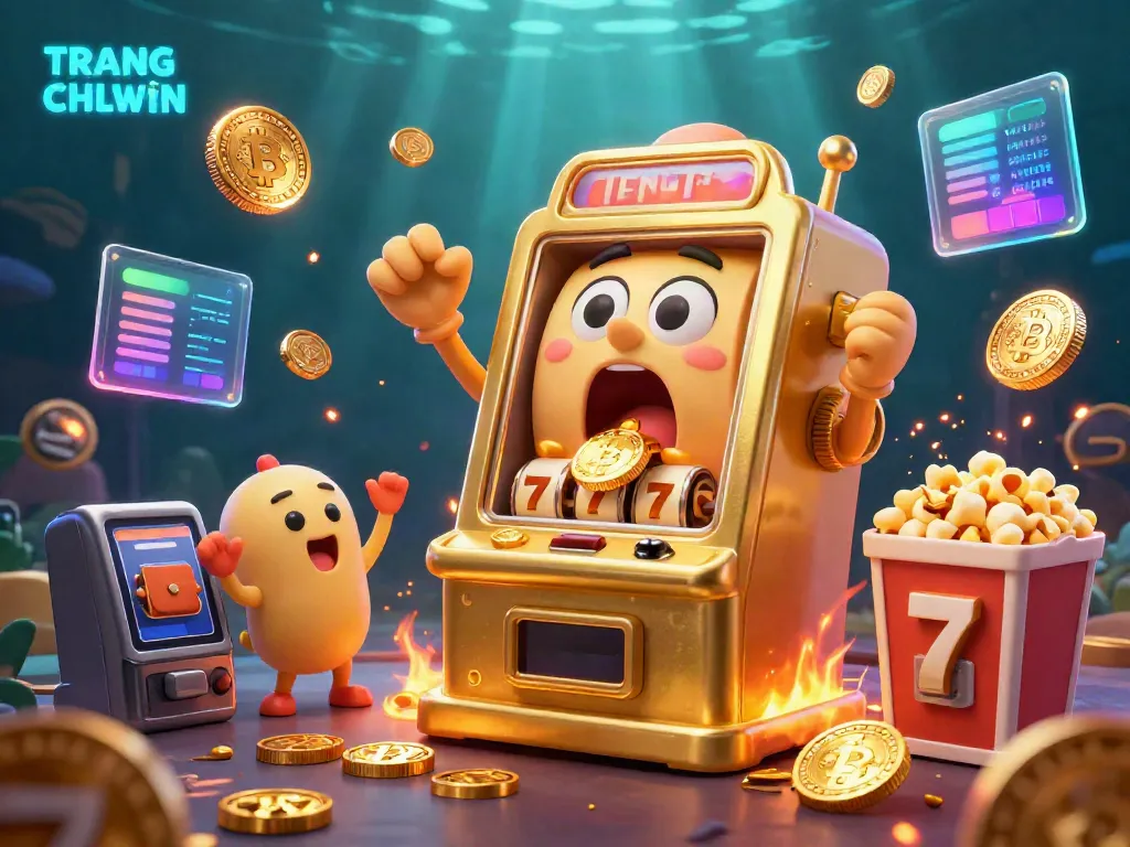Engage with TRANG CHỦ LLWIN as cartoon slot machines hit jackpots, surrounded by neon crypto coins.