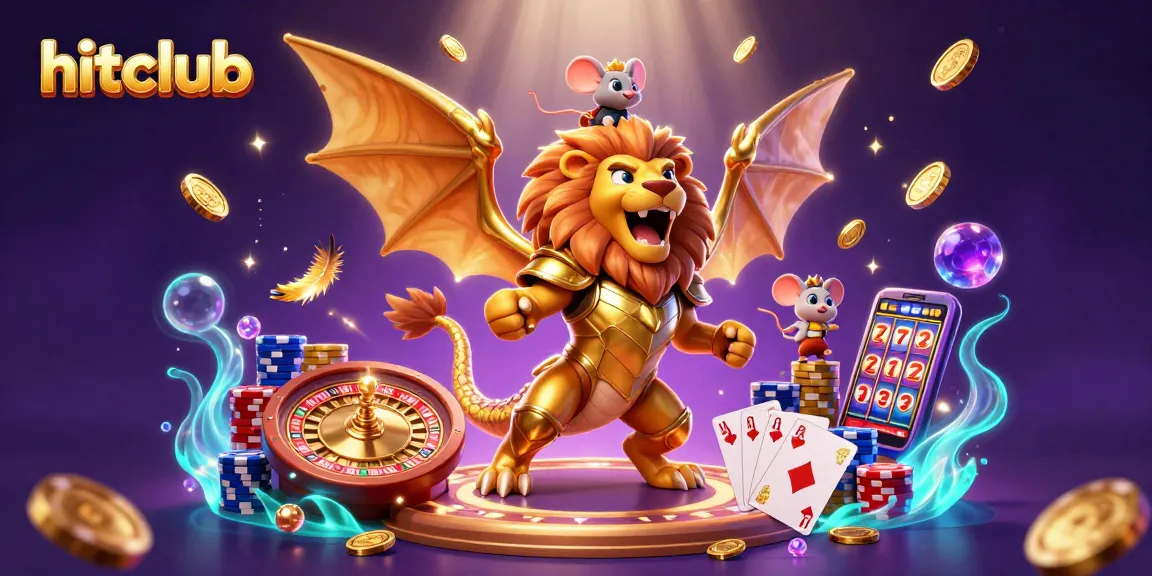 Spin to win at hitclub with a roaring chimera surrounded by golden jackpots and vibrant casino elements.