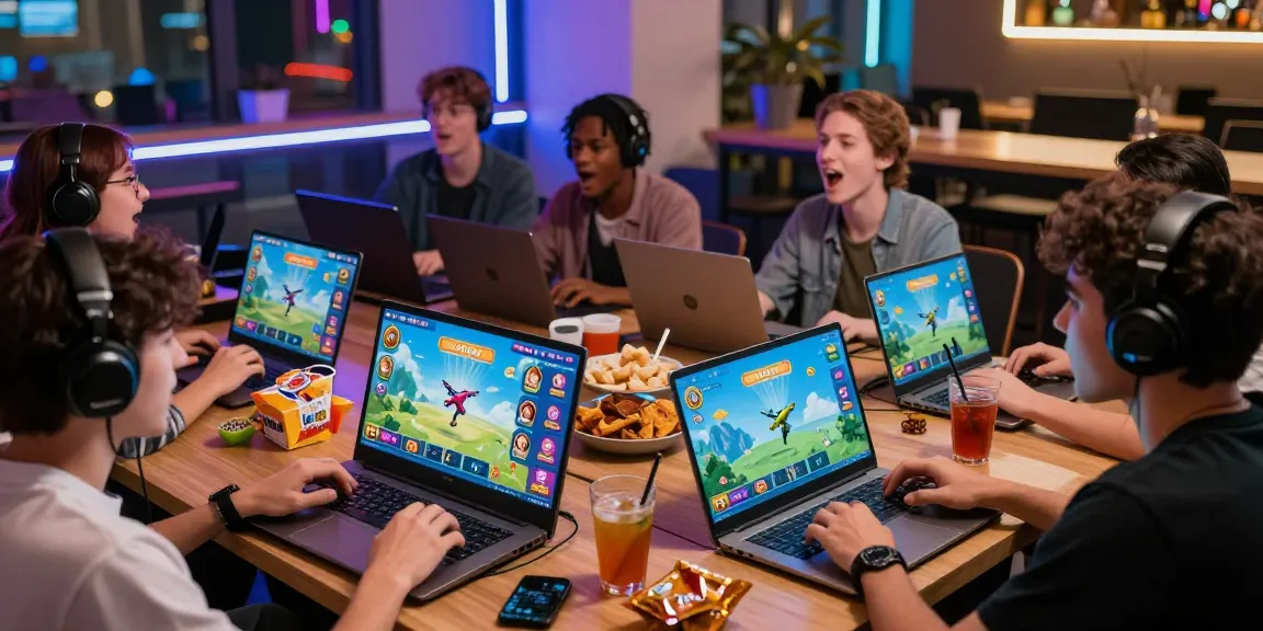 A vibrant gaming scene with players enjoying the aviator betway crash game on mobile devices and laptops in a lively environment, highlighting excitement and community.