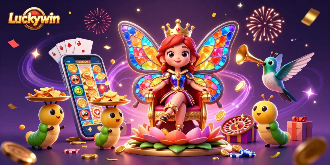 Luckywin showcases a vibrant 3D illustration with a butterfly queen, captivating casino elements, and energetic game features.