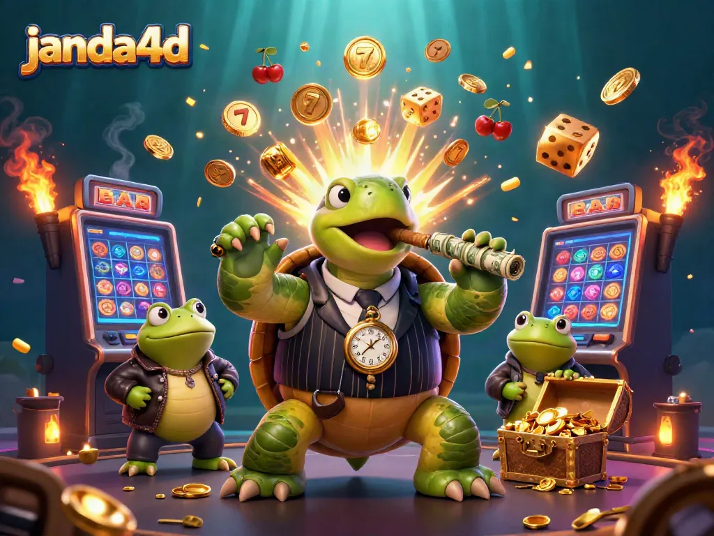 Permainan menyenangkan di janda4d, dengan karakter kartun dan harta karun slot yang berkilauan.
