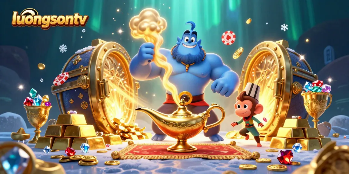 Experience thrilling wins at luongsontv with a vibrant casino scene featuring enchanting characters and treasure.