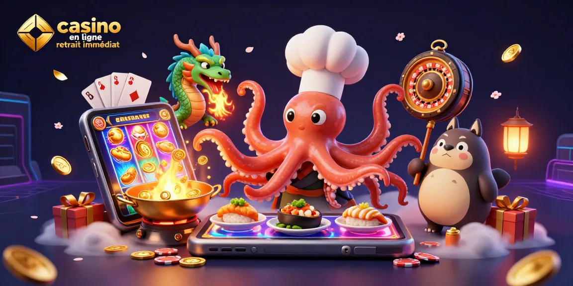Profitez de l'expérience immersive d'un casino en ligne retrait immédiat avec un poulpe et un dragon dans un décor vibrant.