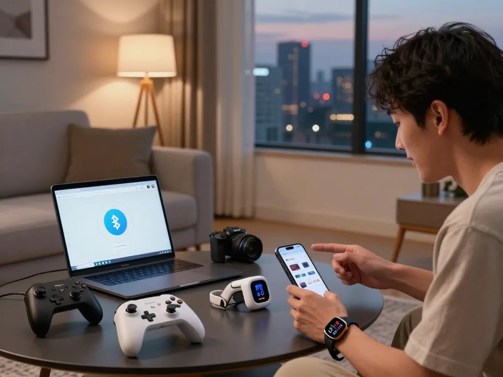 Discover the top 10 tech gadgets 2057 showcased in a vibrant living room setting with Bluetooth innovations and urban skyline.
