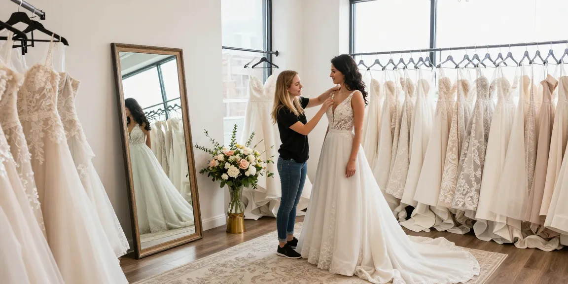 Consulenza sul bridal styling con abiti e accessori eleganti per una sposa felice.