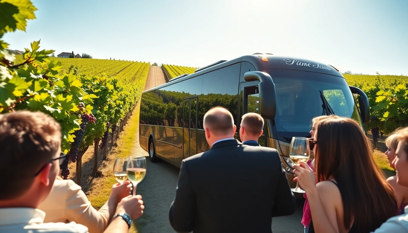 Enjoy a limo bus wine tour with friends in a picturesque vineyard setting.
