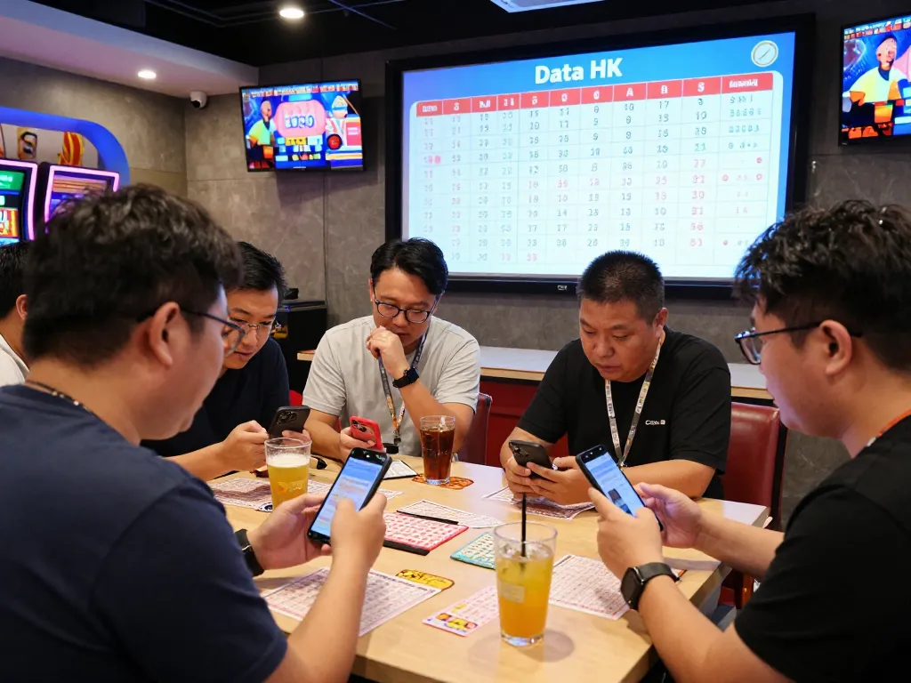 Excited individuals watching the live lottery draw for Data HK in a vibrant gaming environment.