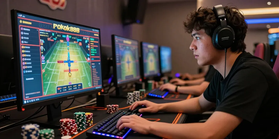 Player engaged in intense gaming on rokok88 platform, vibrant chips and illuminated keyboard enhance the excitement.