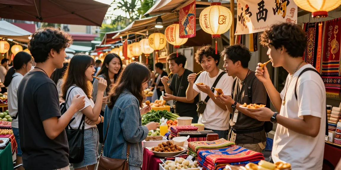 Explore Asian cultures at https://hanadultalk.com market with friends enjoying street food and vibrant stalls.