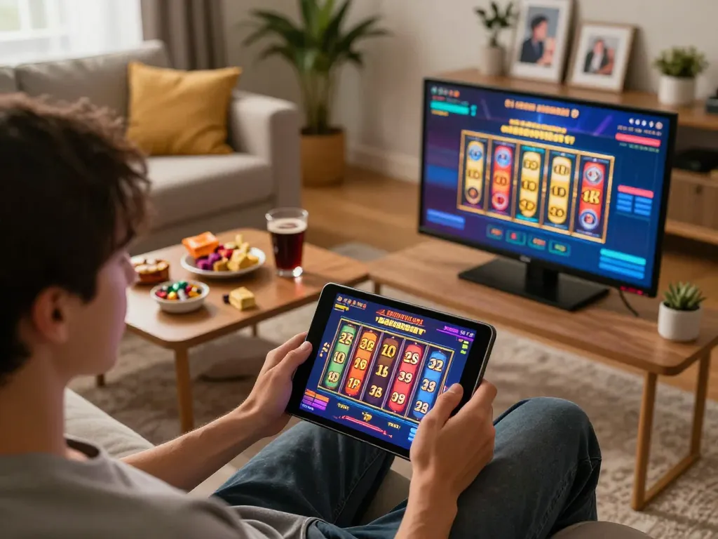 Person playing slot depo 3k on a tablet in a cozy living room setting, showcasing vibrant game graphics and snacks.