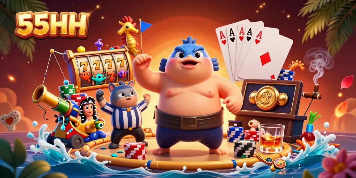 Engage with 55HH's vibrant fishing game scene featuring lucky 7s and animated sea creatures.