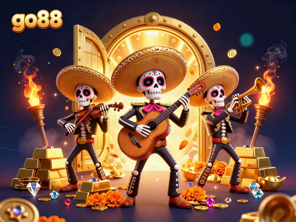 Engage with go88's vibrant casino scene featuring a mariachi band with brilliant treasures.