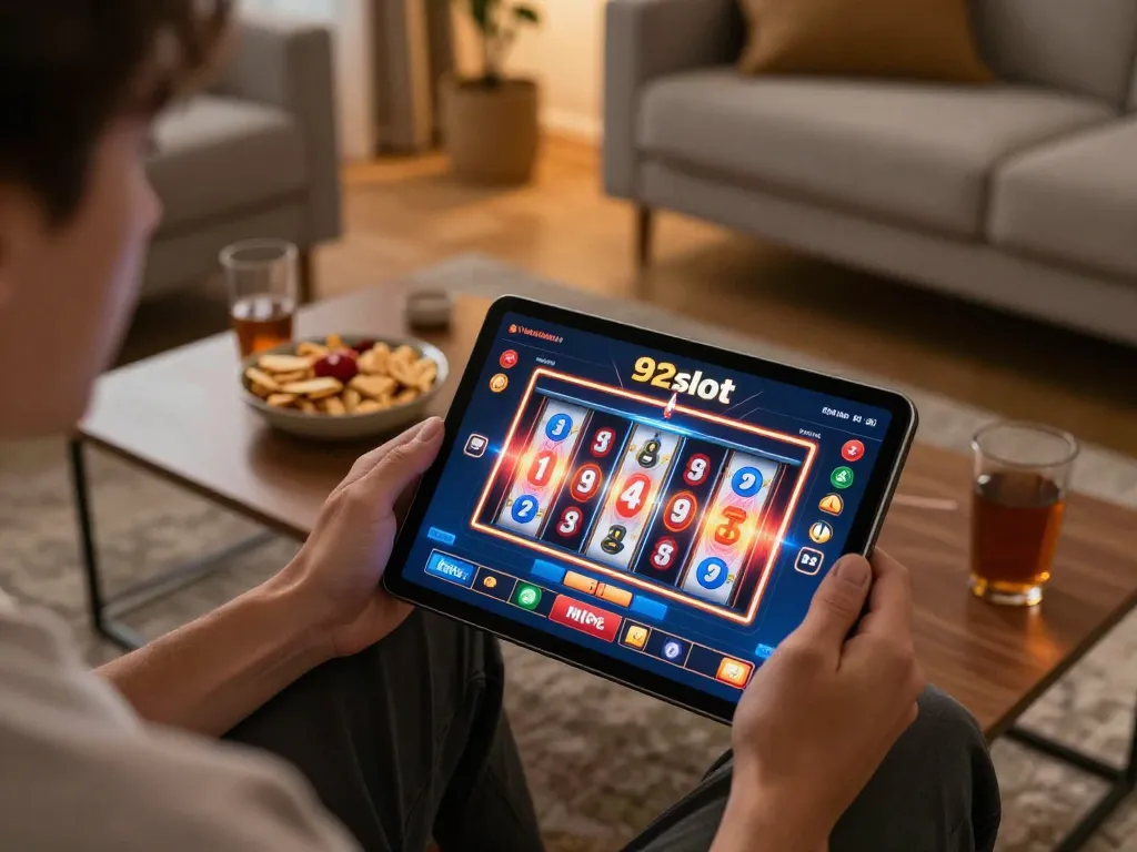 Player experiencing 92slot online slots on a tablet in a cozy living room atmosphere