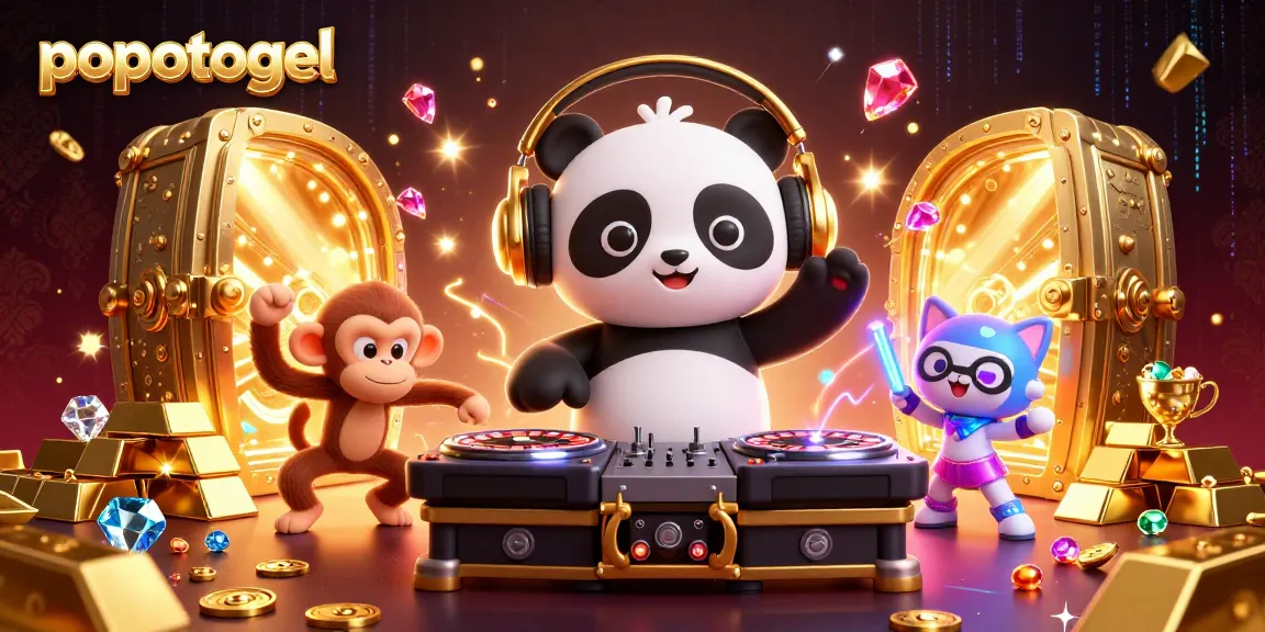 Experience the thrill at popotogel with lively DJs and vibrant decorations in this 3D illustration.