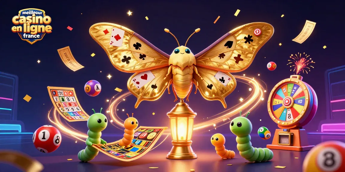Illustration dynamique du meilleur casino en ligne en France avec un papillon 3D et des éléments de jeux colorés.
