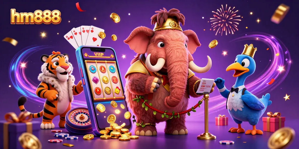 Experience the excitement of hm888 with dynamic casino elements like slots and poker in this vibrant 3D illustration.