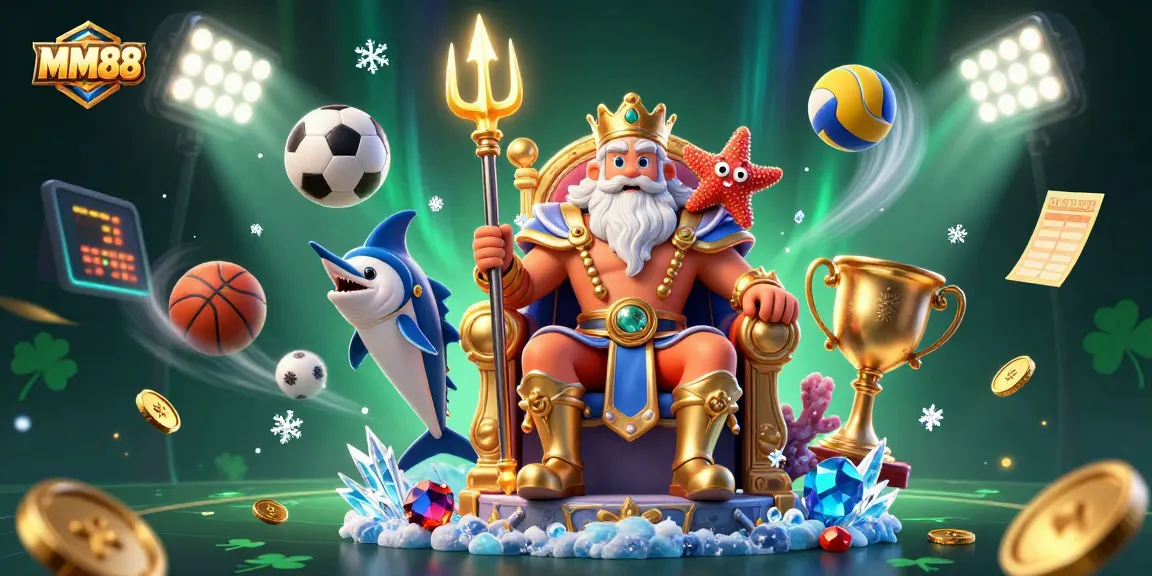 Experience the excitement of MM88 with Neptune and sports elements in a vibrant casino scene.