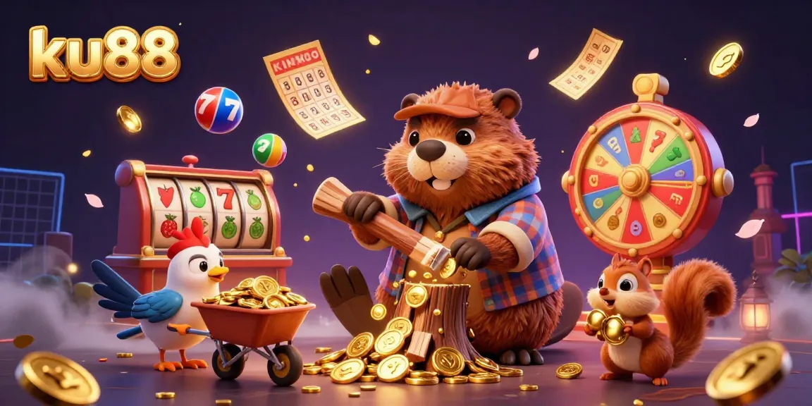 ku88 slot game scene with a beaver, bird, and squirrel collecting golden coins and lottery balls.