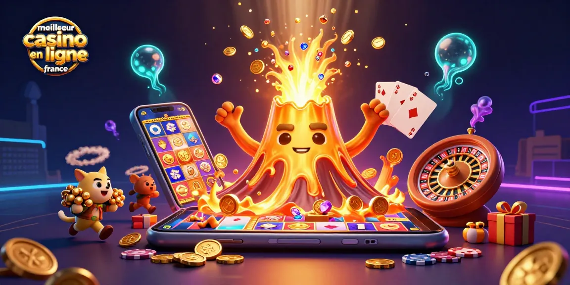 Image illustrant le meilleur casino en ligne France avec un volcan doré et des trésors éparpillés.