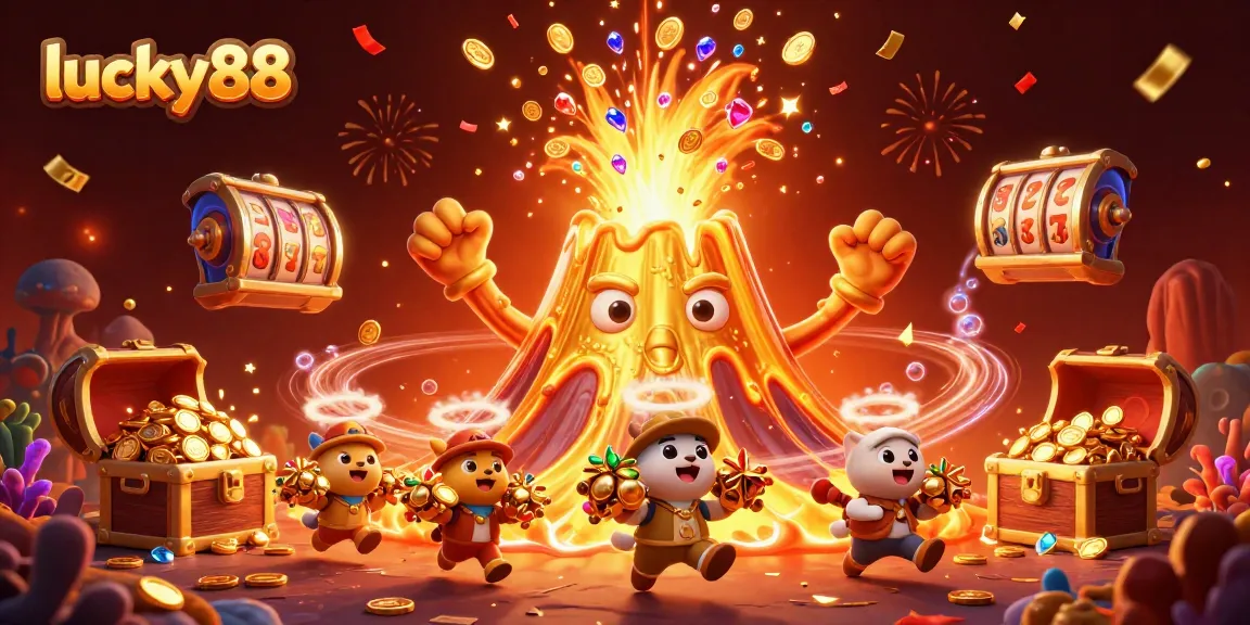 Experience excitement at lucky88 with a golden volcano erupting coins, vibrant celebration, and slot elements.
