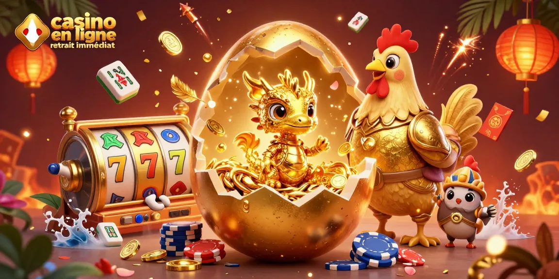 Attirez l'attention sur le casino en ligne retrait immédiat avec une illustration de dragon doré et des jetons de poker.