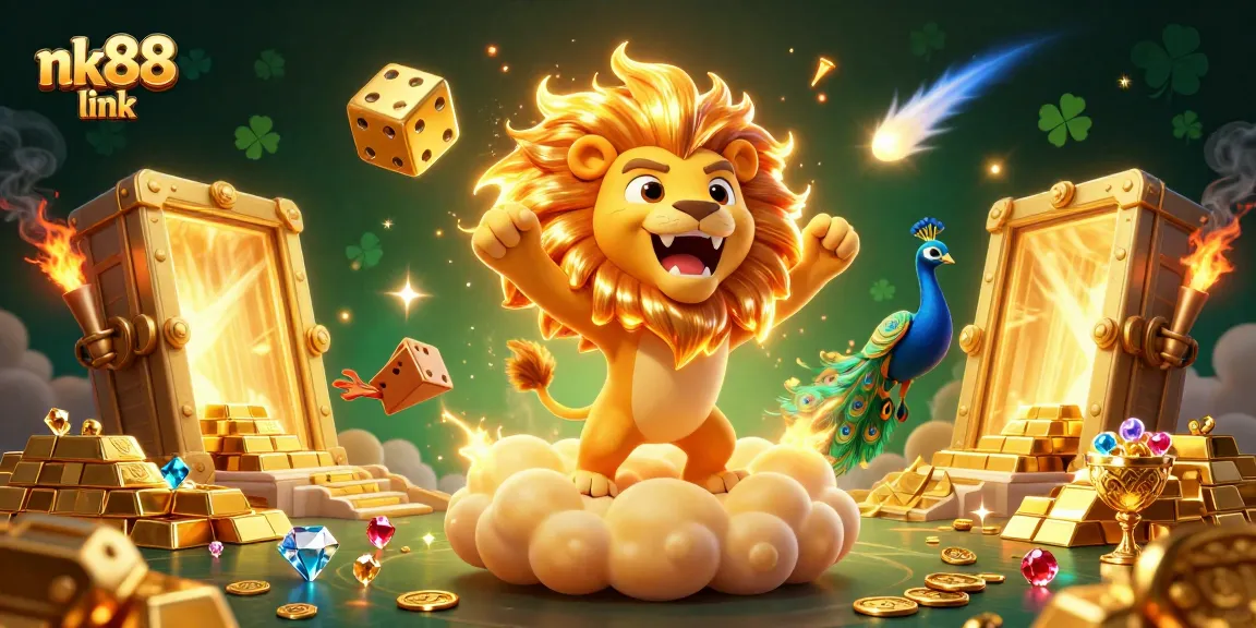 Experience thrilling wins at nk88 link with a vibrant 3D casino scene featuring golden treasures and lucky symbols!
