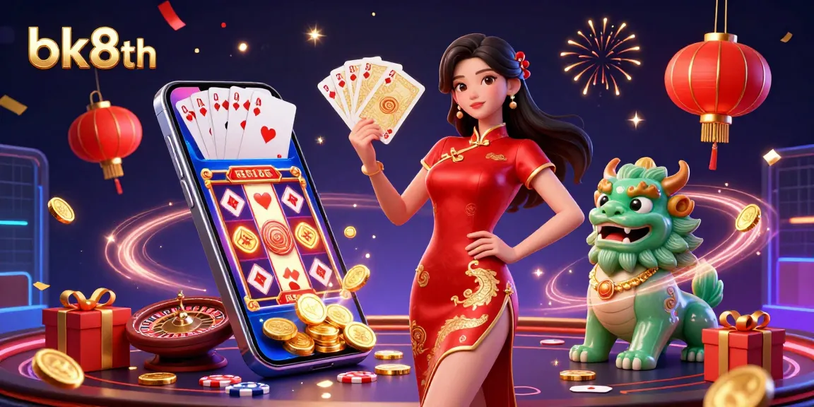 Experience the excitement of bk8th with a vibrant casino scene featuring a woman in qipao and games.
