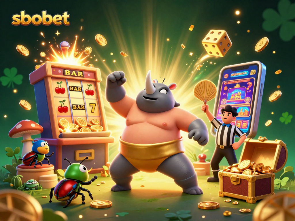 Sbobet showcases a thrilling casino scene with a sumo beetle champion, coins flying, and vibrant game elements.