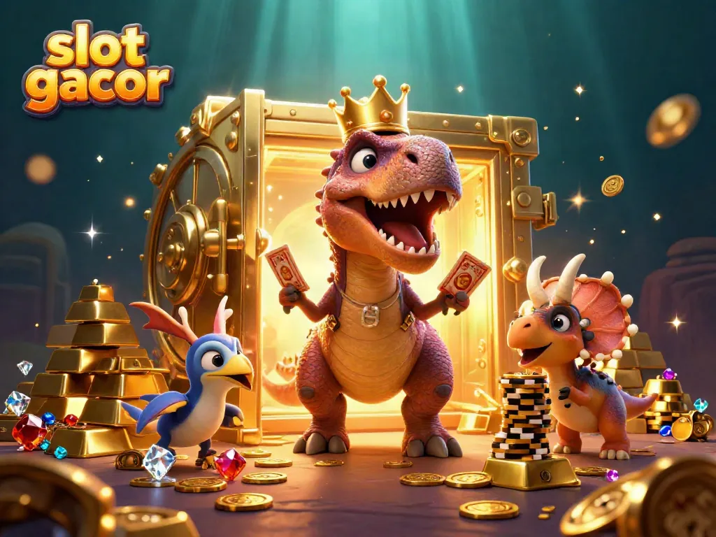Menyaksikan slot gacor saat T-Rex berusaha mengocok kartu di sisi pilar koin emas.