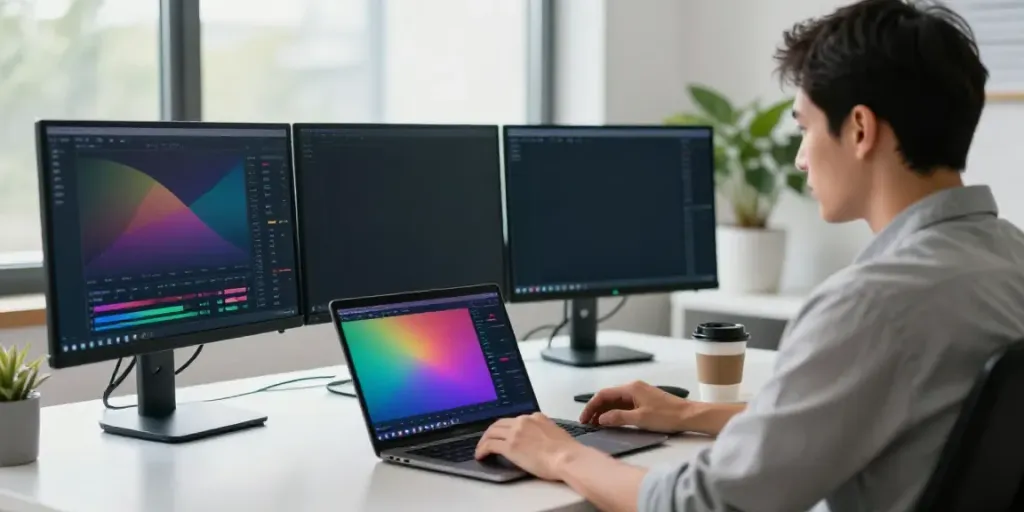 Trader analyzing financial markets using tradingview官网 on multiple monitors in a modern workspace.
