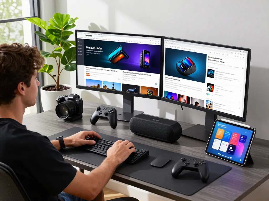 Explore must have tech gadgets in a stylish workspace with innovative devices like Bluetooth controllers and smartwatches.