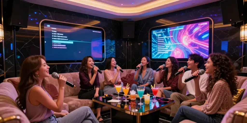 강남 달토에서 친구들과 함께 노래하고 있는 모습, 화려한 조명과 고급스러운 인테리어가 어우러진 분위기
