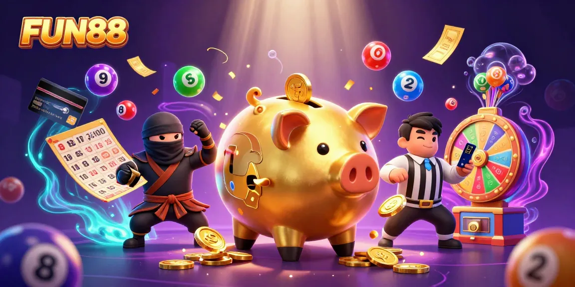 Experience the excitement of FUN88 as a golden piggy bank sumo wrestler lifts golden coins in an electrifying casino scene.