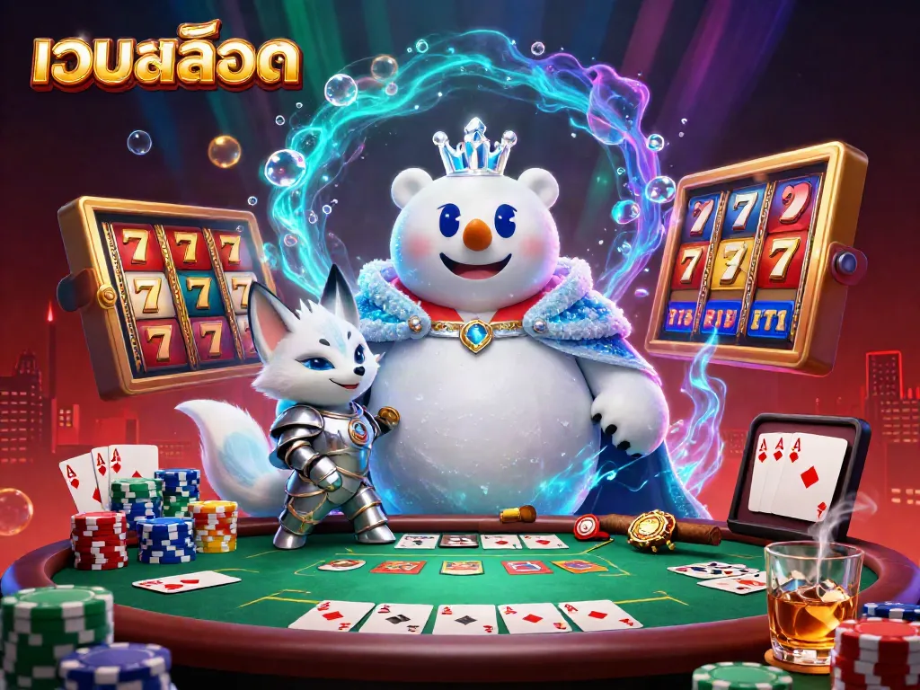 Experience exciting เว็บสล็อต action with vibrant slot reels, poker elements, and dynamic characters in a captivating 3D scene.