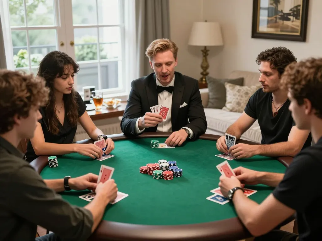 Players engaged in a strategic poker game at home, showcasing XN88 excitement and camaraderie.