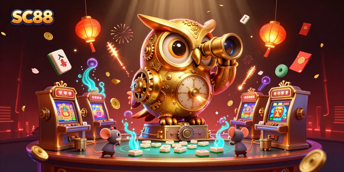 Engage with SC88 through a vibrant scene featuring a golden owl and animated gaming elements in a lively casino.