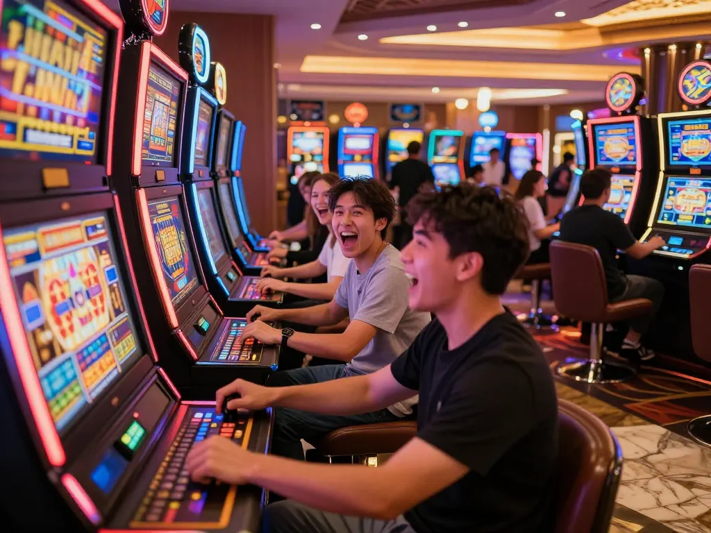 Players enjoy engaging slot777 machines in a lively casino environment full of neon lights