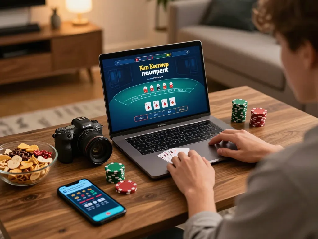 Player strategizing during a live dealer blackjack game at home, showcasing fabet's online gaming experience.