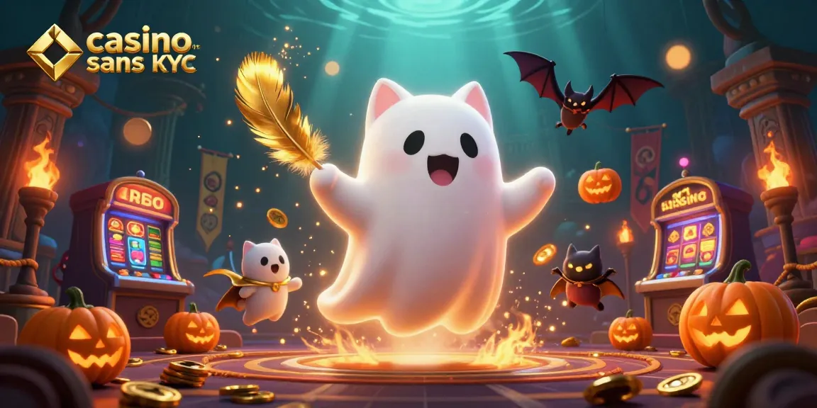 Casino live sans KYC : mise en avant d'un chat fantôme et d'une chauve-souris sur fond de casino animé.
