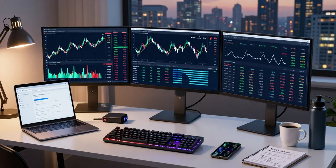 Cloud mining platform workspace with cryptocurrency charts, hardware wallets, and trading tools in a modern office setup.